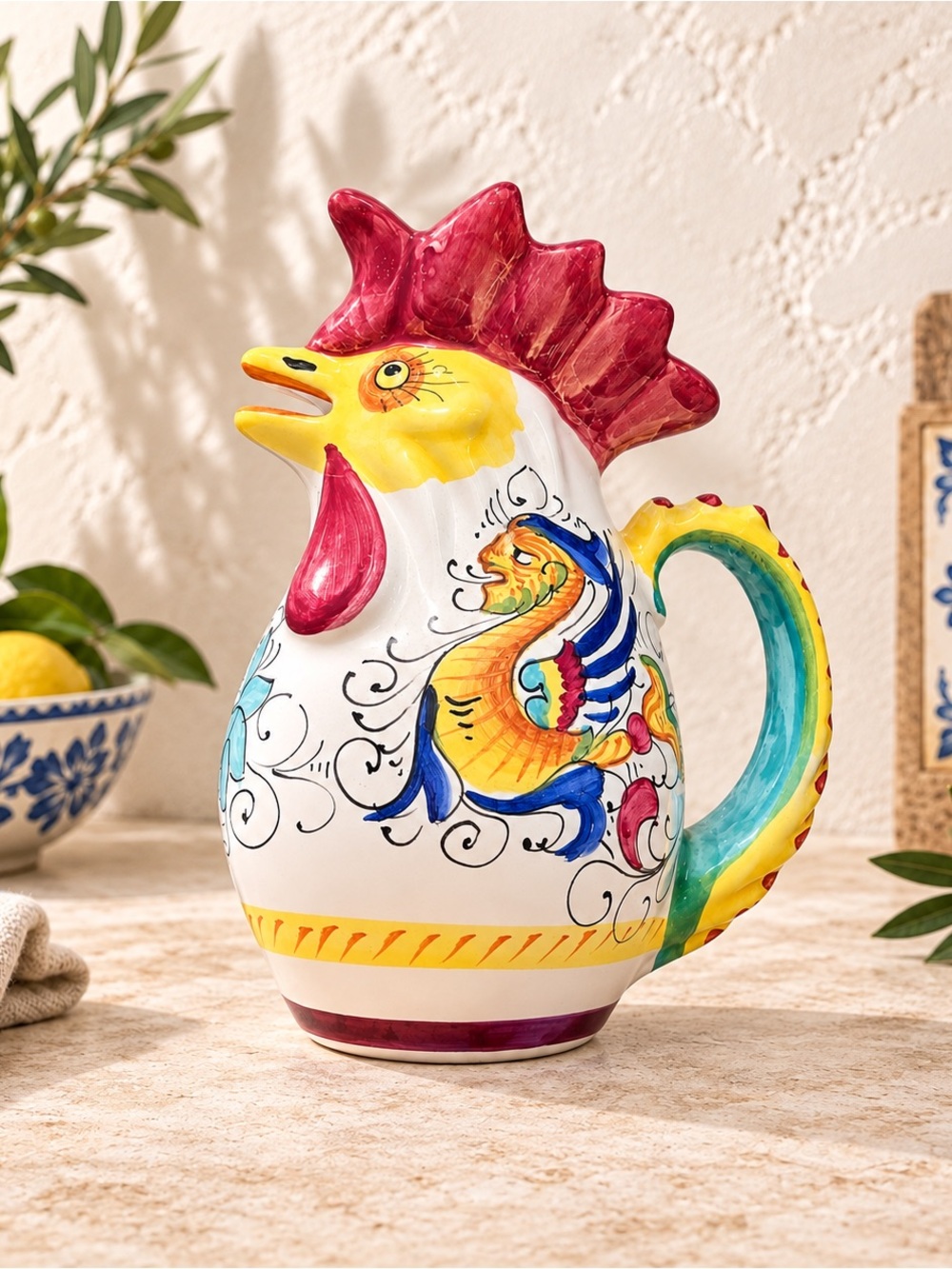 Vintage Deruta Majolica Raffaellesco Rooster Pitcher 8.5” Made in Italy
